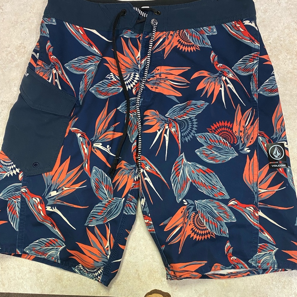 Volcom Men's Navy Swim Shorts with Orange & Light Blue Tropical Print